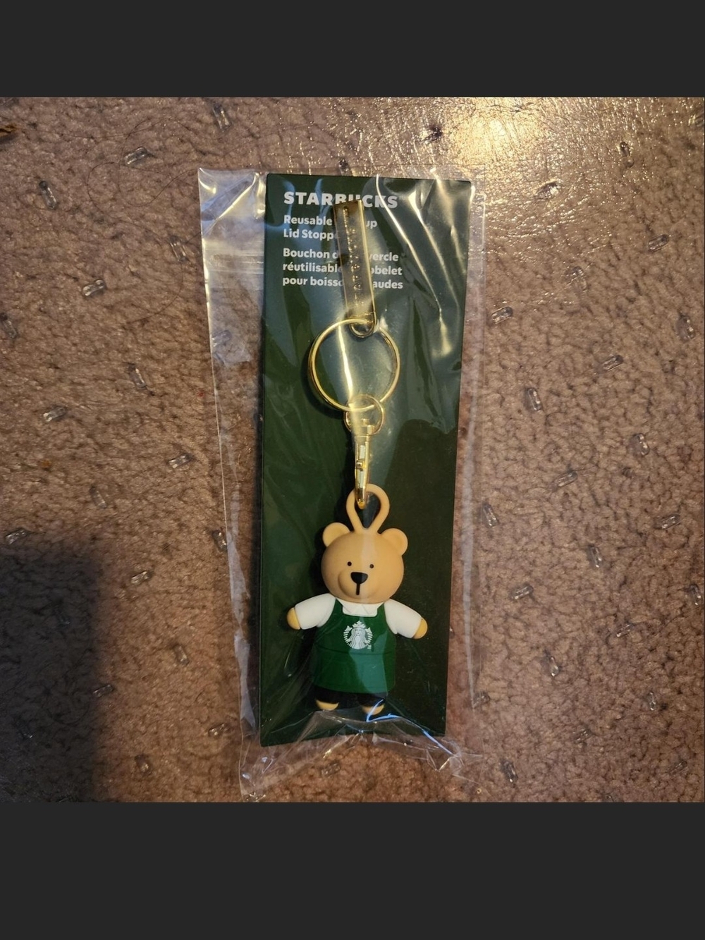 Starbucks Brown Bear Keychain with Green Apron and Gold Hardware